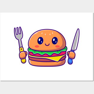 Cute Burger Holding Knife And Fork Posters and Art